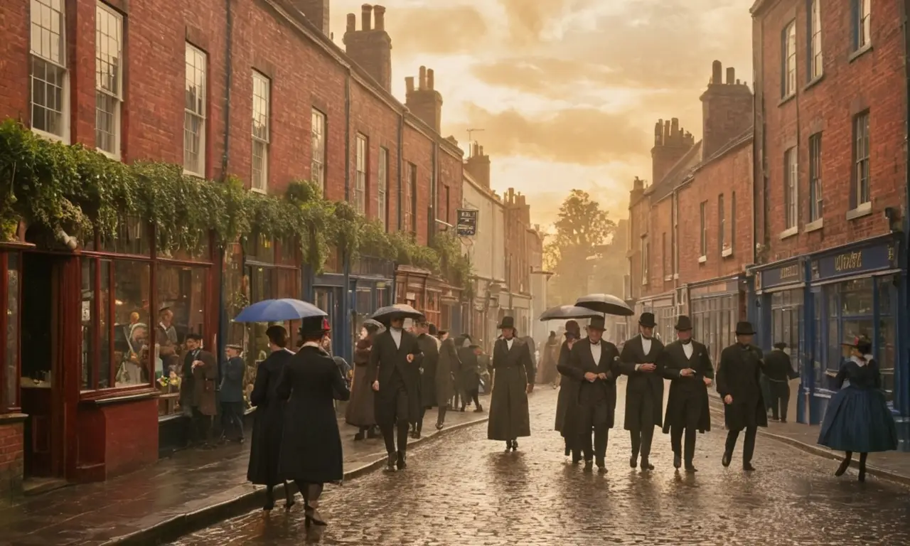 Rue victorienne animée, ambiance historique vibrante