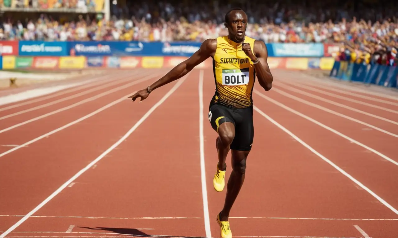 Usain Bolt sprinte dans un stade ensoleillé