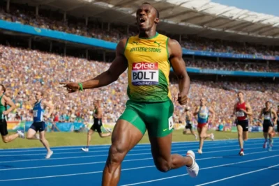 Usain Bolt sprinte avec puissance et détermination
