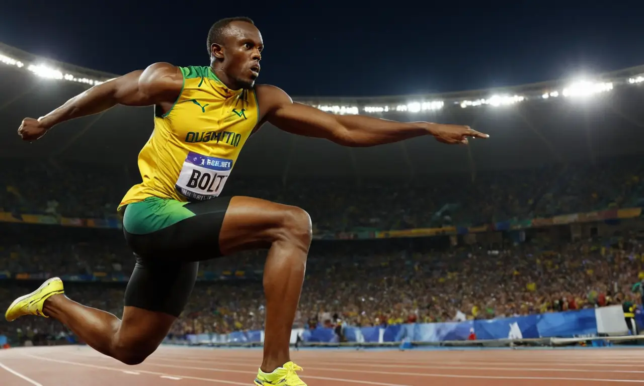 Usain Bolt sprinte, intense concentration et excitation