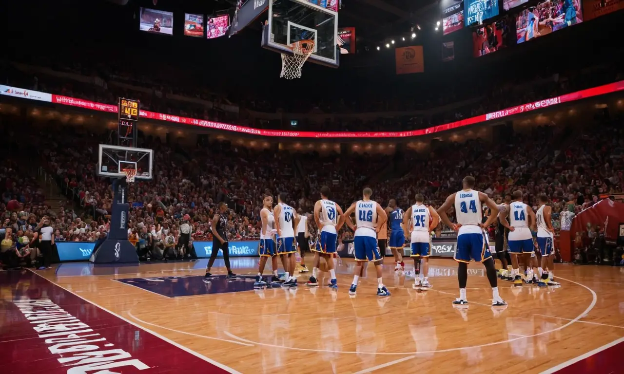 Terrain de basket animé sous des lumières