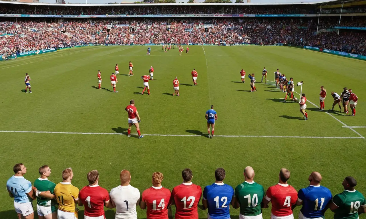 Terrain de rugby vivant, joueurs déterminés et spectateurs animés