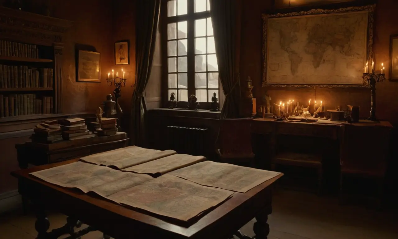Salle sombre, carte historique, ambiance chargée dhistoire