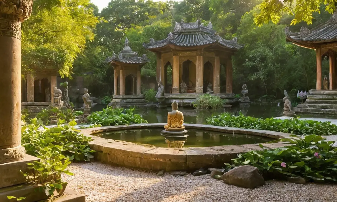 Un temple paisible, lumière dorée et sérénité