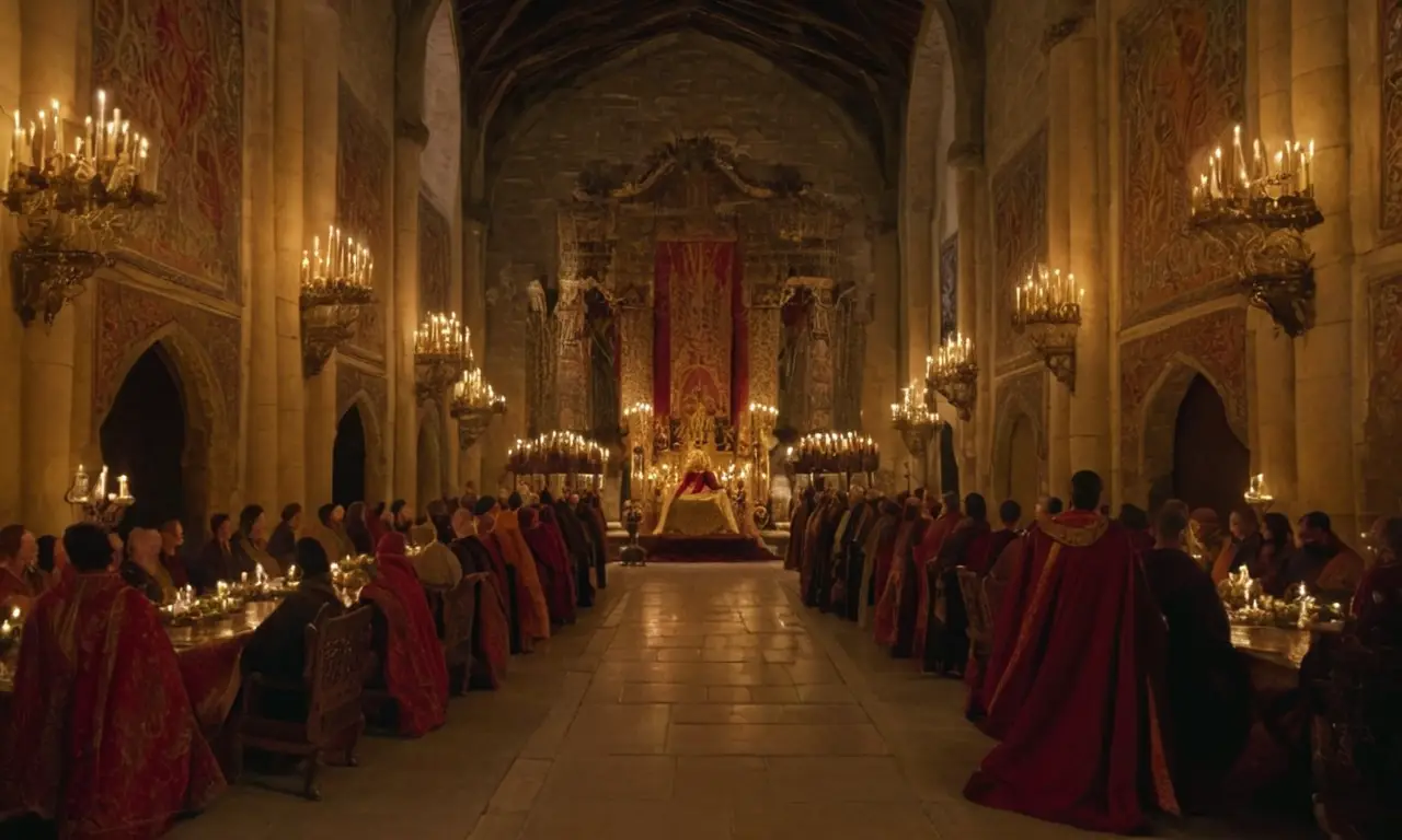 Une salle médiévale majestueuse avec un roi
