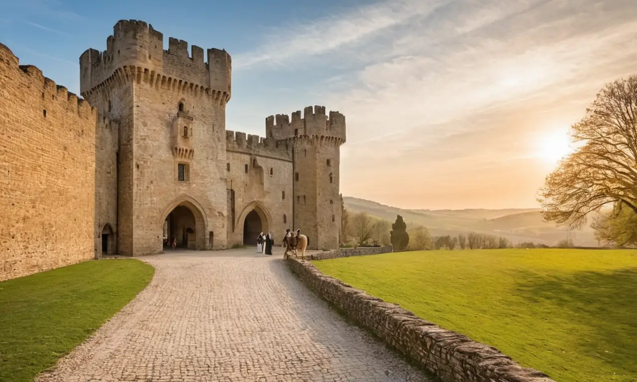 Château médiéval majestueux, vie villageoise animée