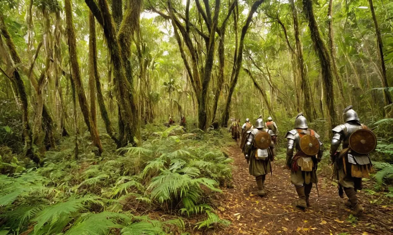 Conquistadors avancent dans une jungle vibrante