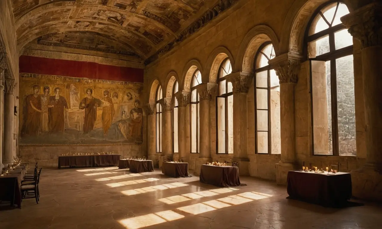 Salle romaine antique, ombres et pouvoir palpable