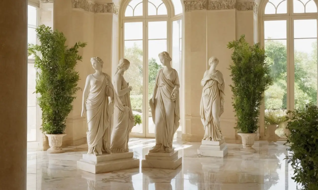 Scène sereine avec sculptures classiques et lumière