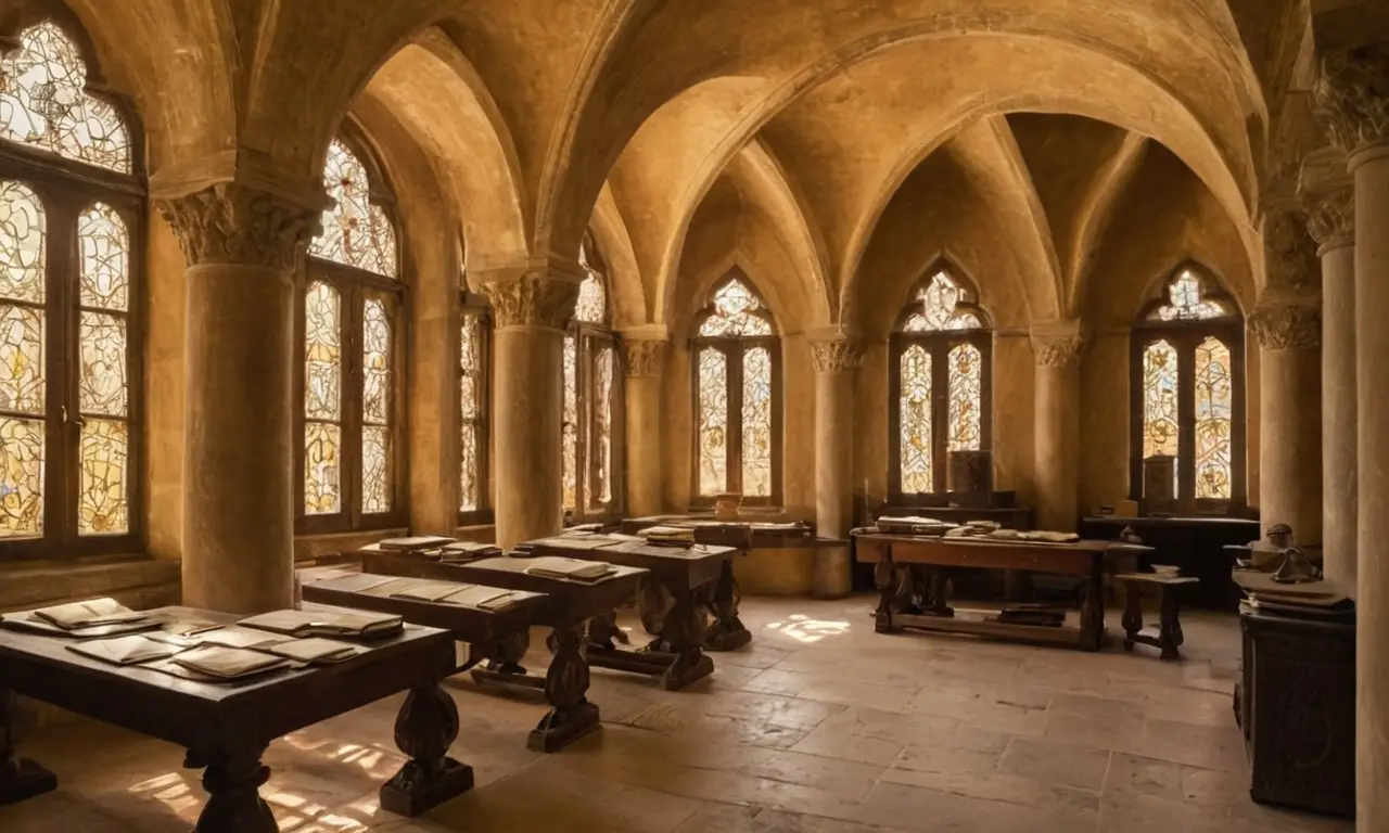 Bibliothèque ancienne, lumière dorée et parchemins