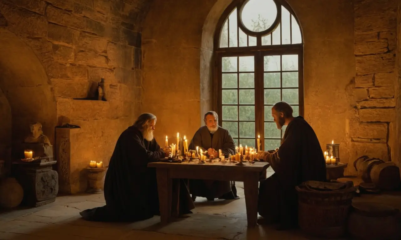 Philosophes antiques débattent dans une ambiance éclairée
