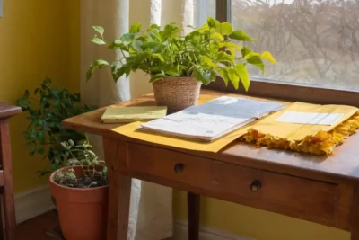 Bureau en bois avec livres et notes