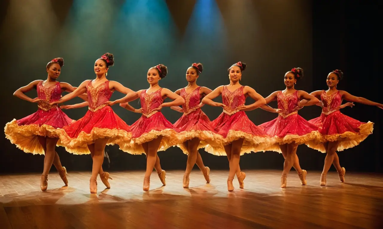 Danseurs dynamiques en costumes vibrants sur scène