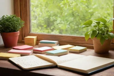 Table en bois avec cartes et carnet
