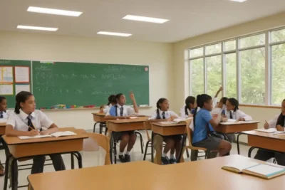 Salle de classe lumineuse avec étudiants engagés