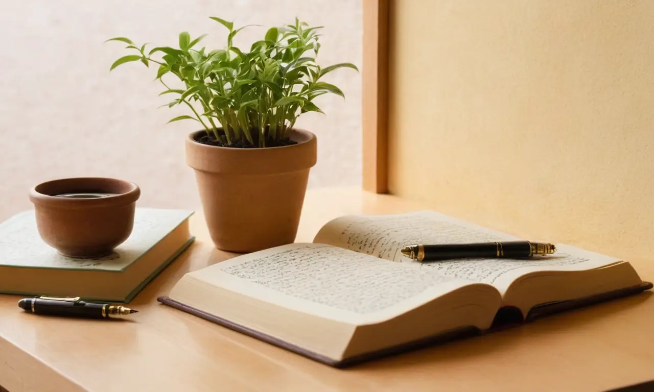 Un bureau en bois, lumière douce et livres