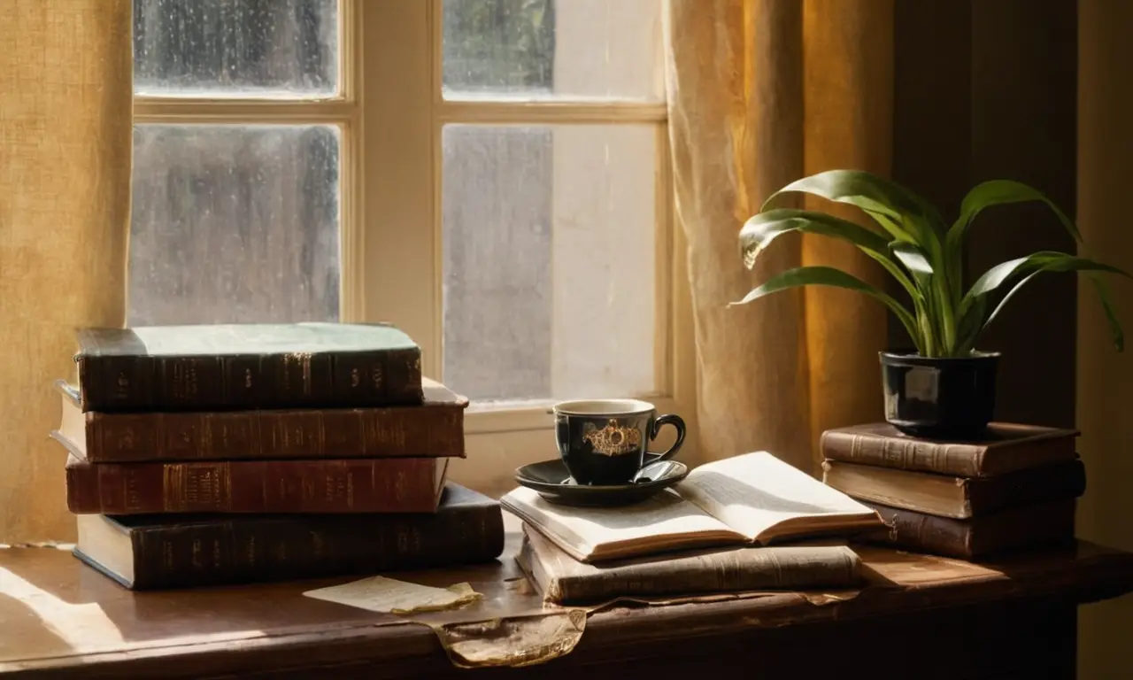 Bureau ancien avec livres et café chaud