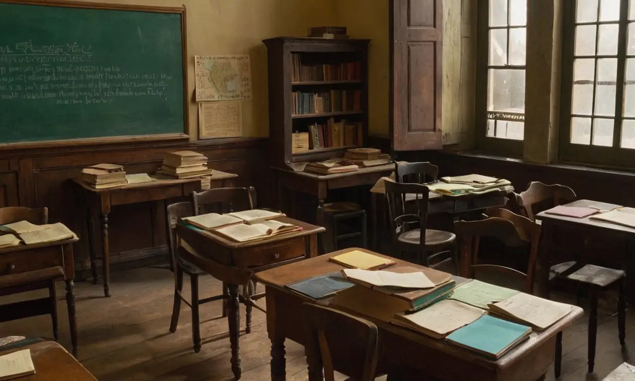 Salle de classe ancienne, élèves curieux, ambiance littéraire