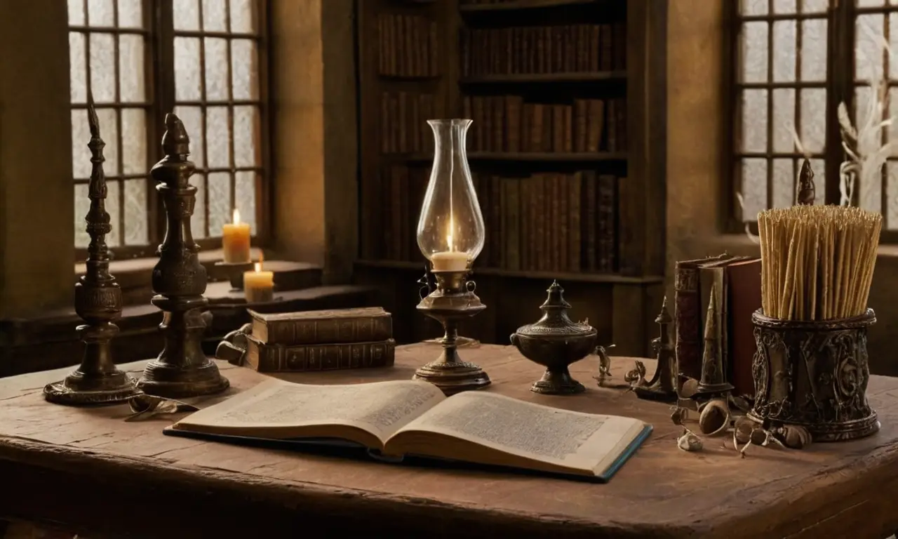 Table en bois, objets magiques et lumière dorée