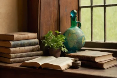 Un bureau ancien rempli de livres et souvenirs