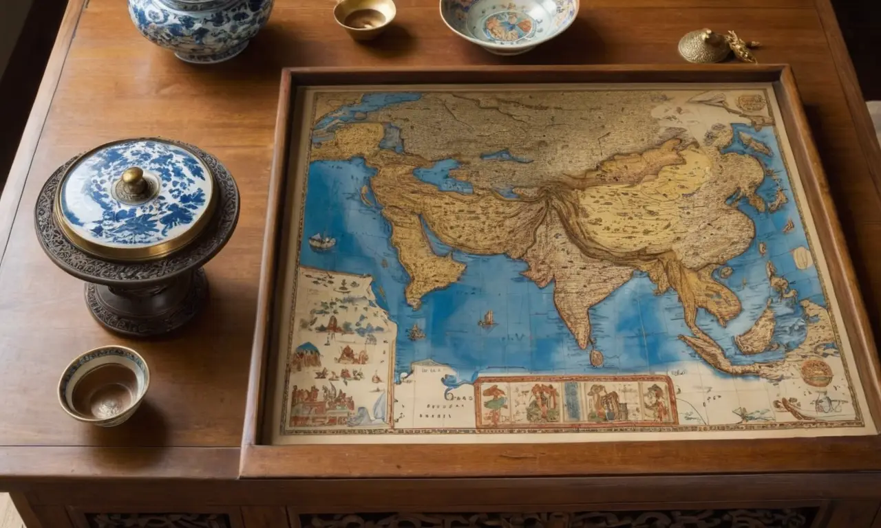Table ancienne, carte Ming, objets de commerce