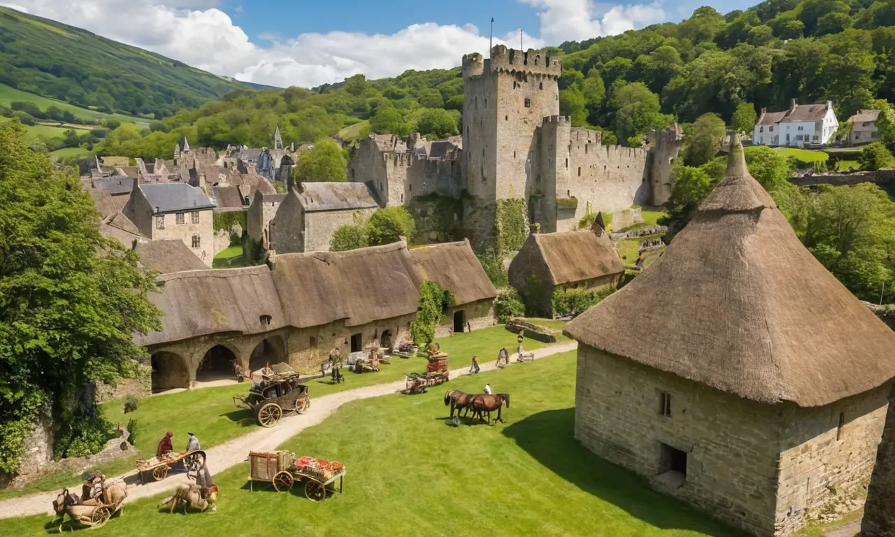 Un village médiéval animé au pied dun château