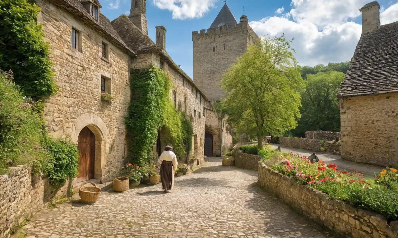 Village médiéval vibrant avec vie quotidienne