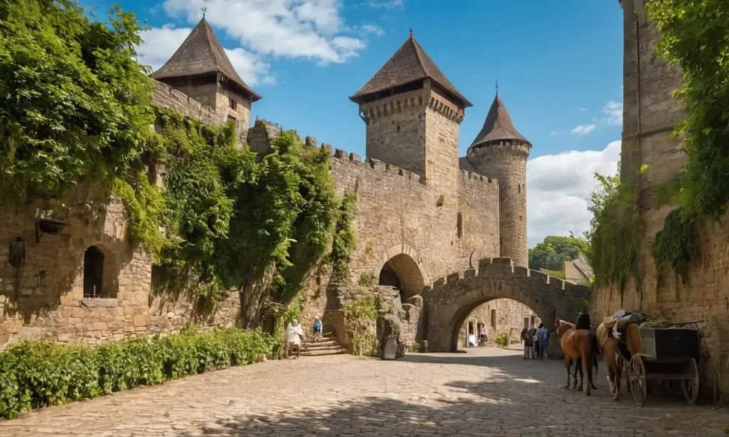 Un château médiéval animé sous un ciel bleu