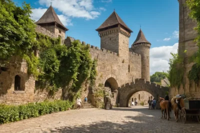 Un château médiéval animé sous un ciel bleu