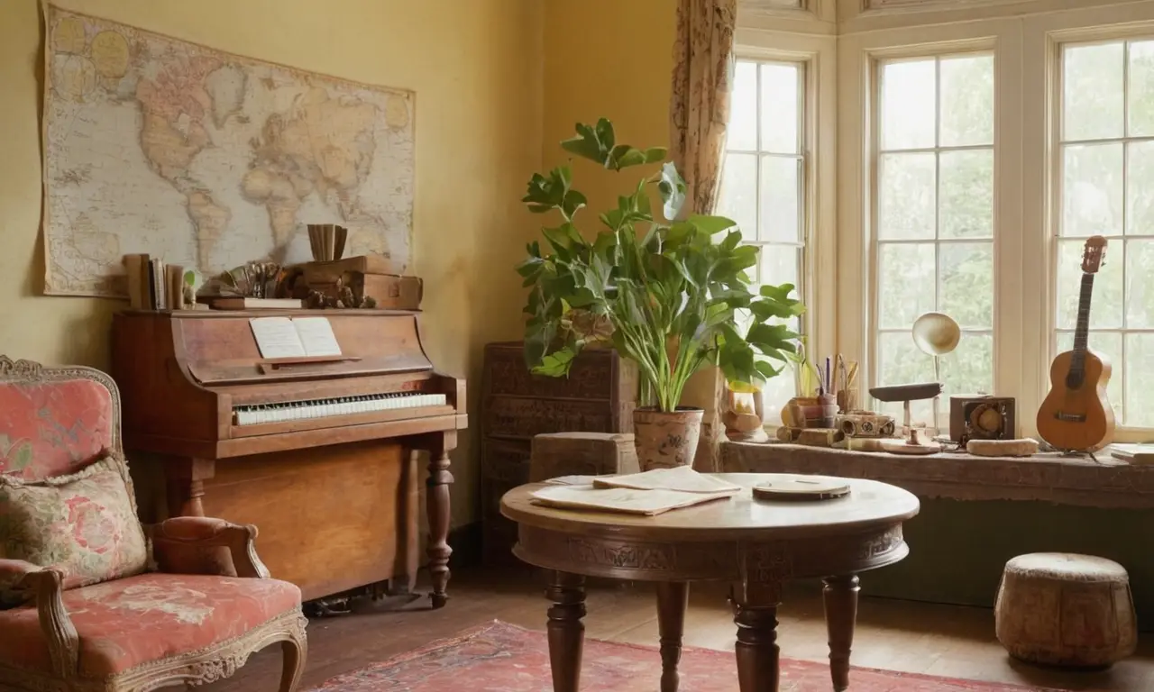 Salle lumineuse avec meubles rustiques et ambiance chaleureuse