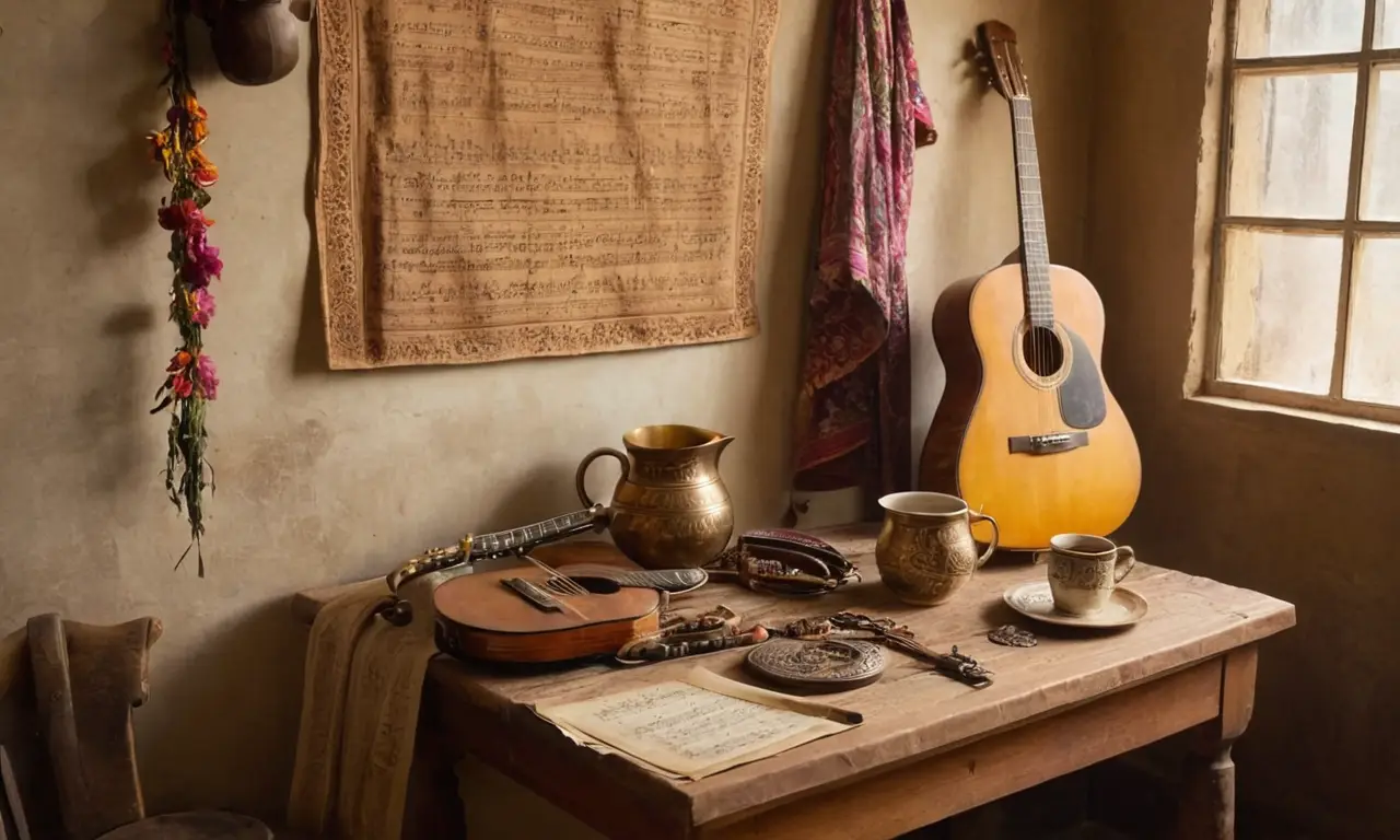 Une table en bois avec instruments vintage