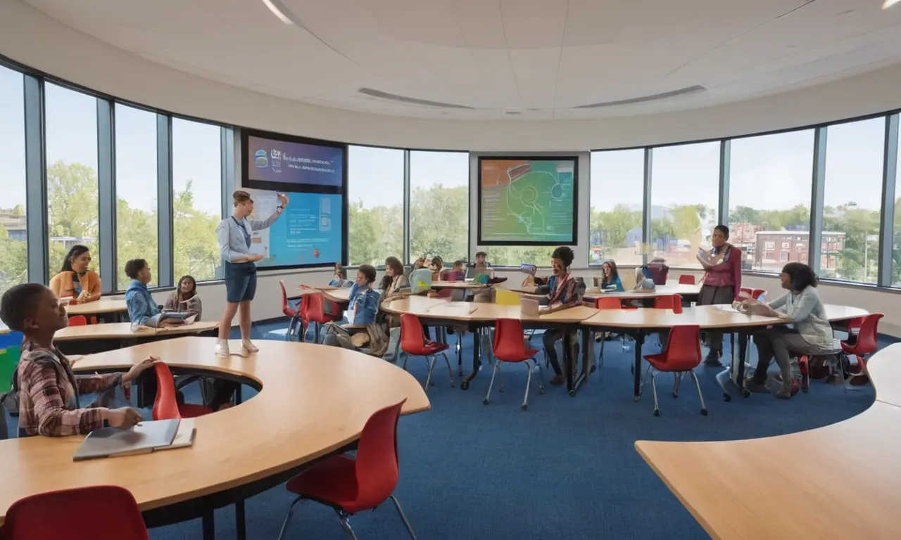 Salle de classe moderne, étudiants engagés et curieux
