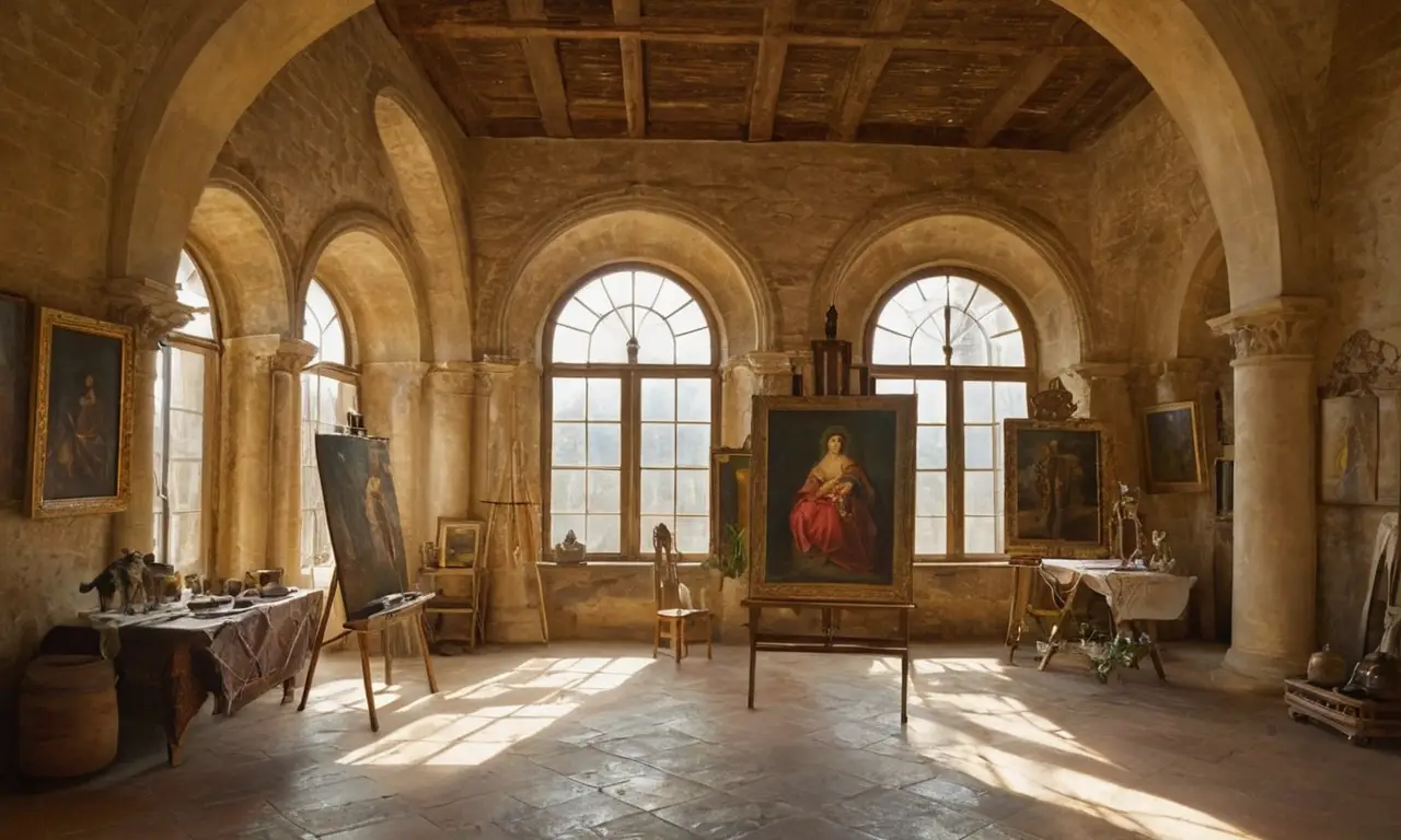 Un studio Renaissance riche en détails artistiques