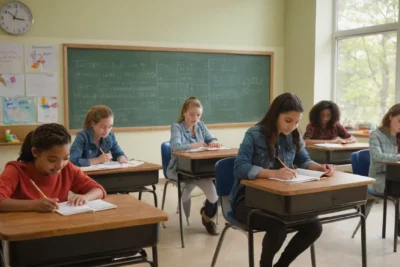 Salle de classe lumineuse avec étudiants concentrés