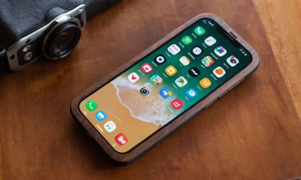 Smartphone élégant sur une table en bois