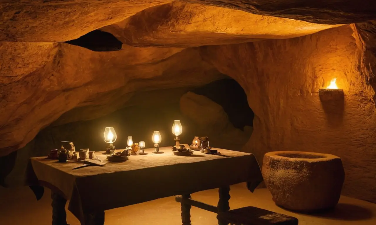 Caverne ensoleillée remplie dartefacts anciens
