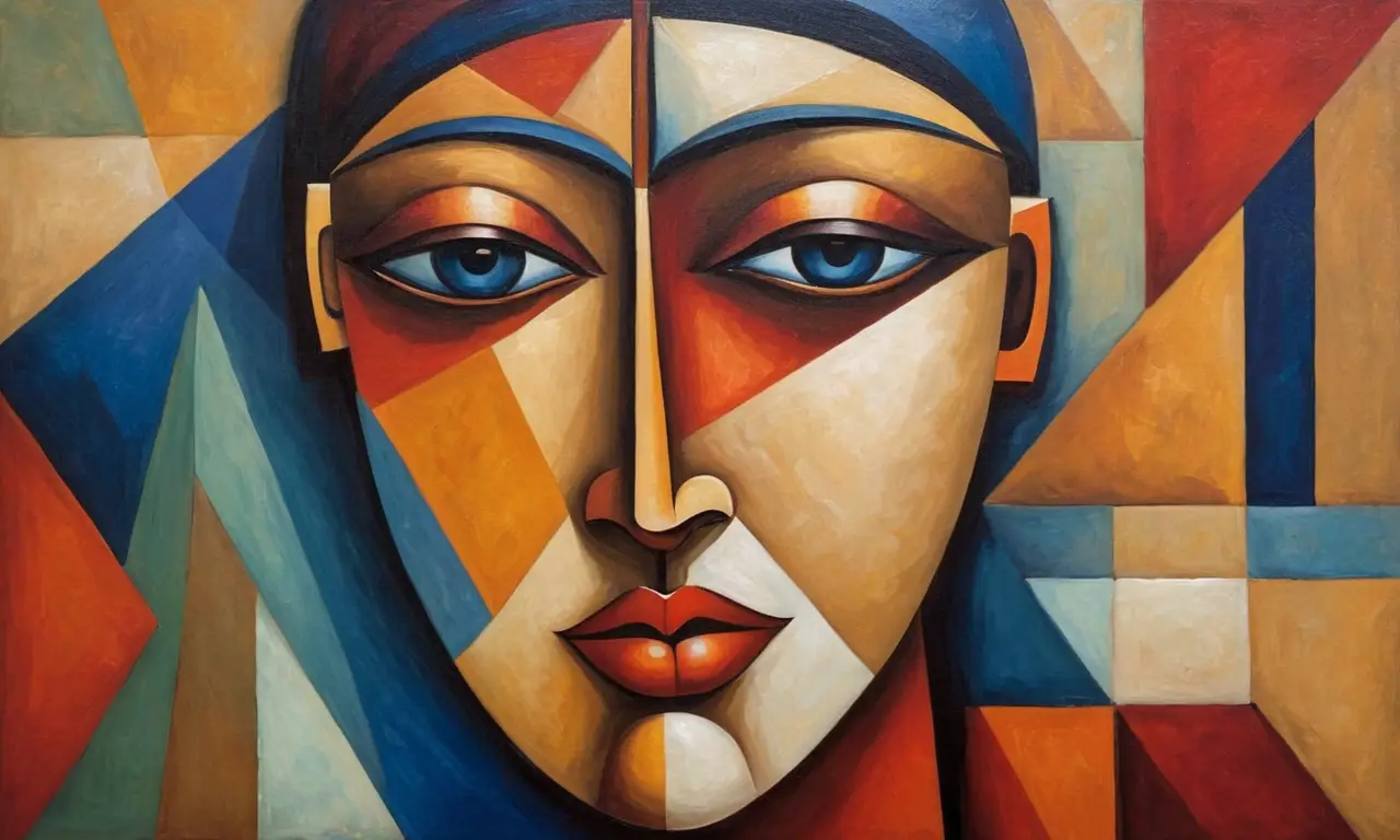 Peinture cubiste vibrante aux formes fragmentées