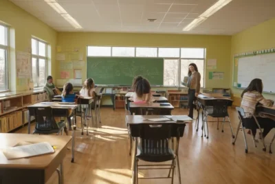 Classe dynamique avec élèves engagés et lumière