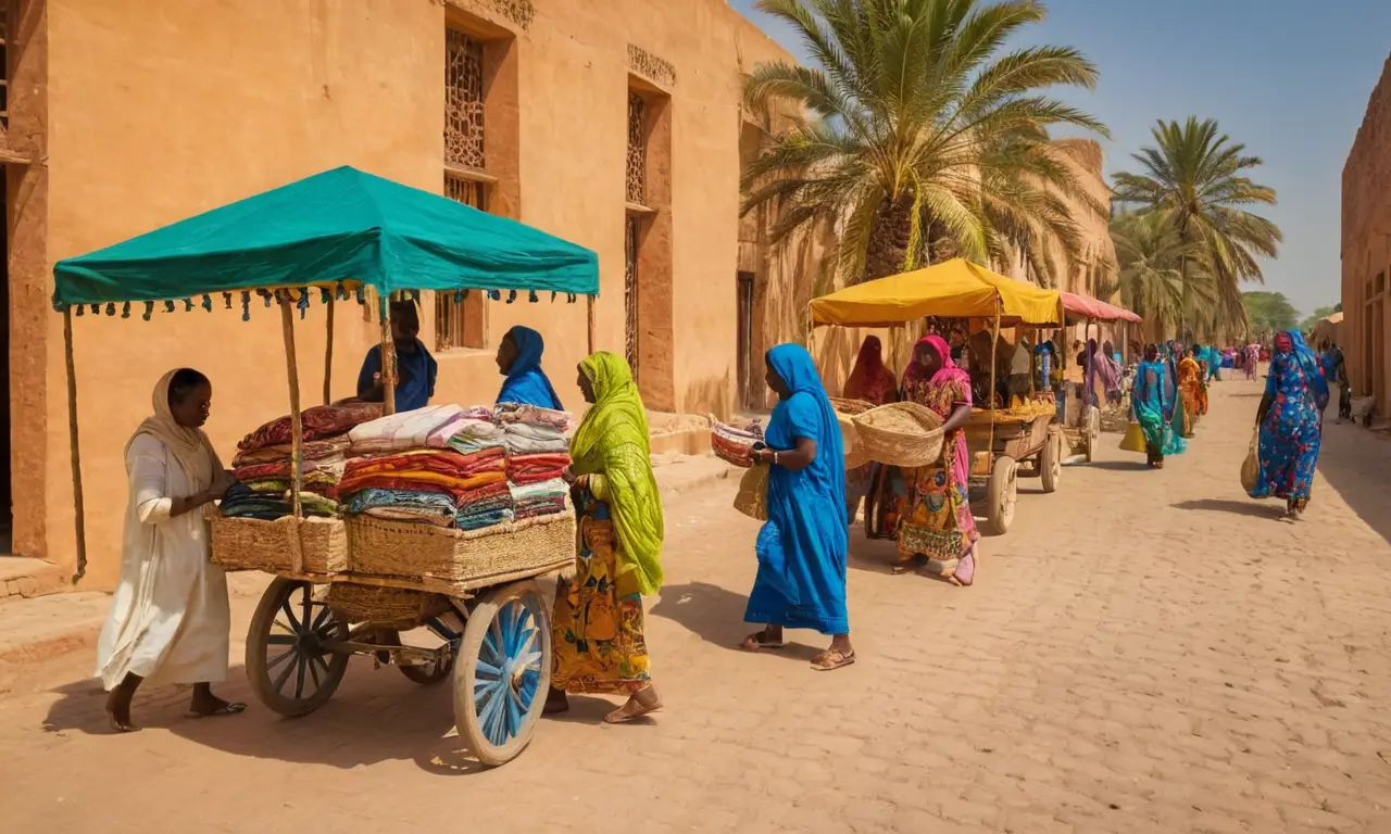 Marché vibrant avec activités et couleurs