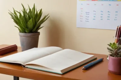 Bureau studieux avec lumière chaleureuse et frais