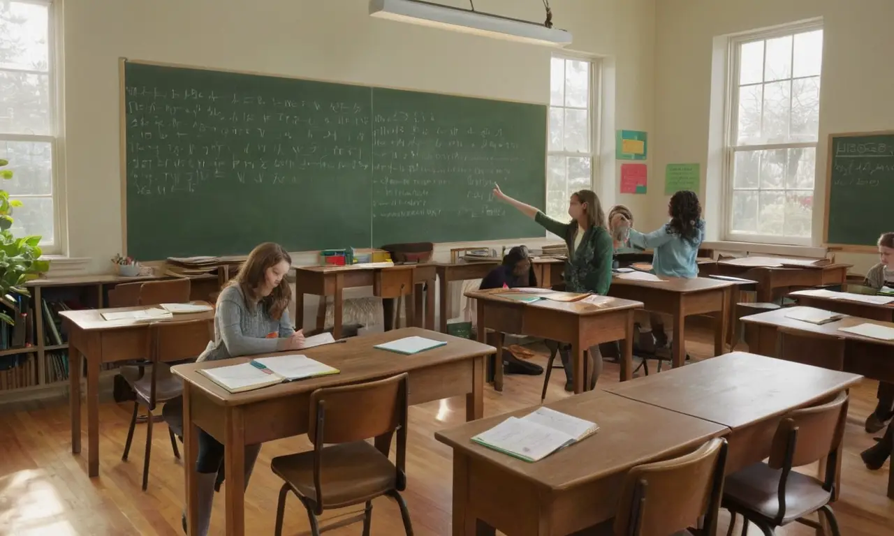 Salle de classe animée, lumière chaleureuse