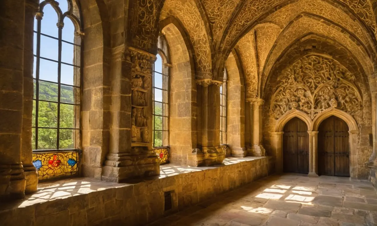 Église médiévale avec sculptures et lumière chaleureuse