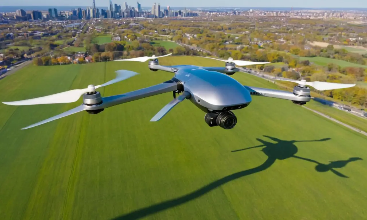 Drone brillant sur ciel bleu et champs