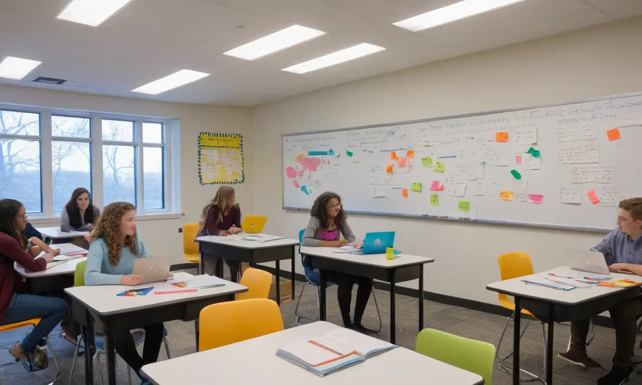 Salle de classe moderne, élèves engagés et divers