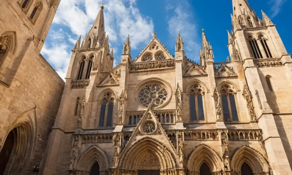Façade gothique avec vitraux et touristes