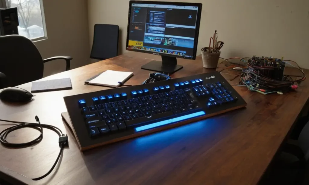 Bureau désordonné avec technologie et lumière