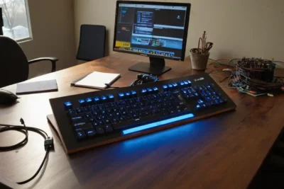 Bureau désordonné avec technologie et lumière