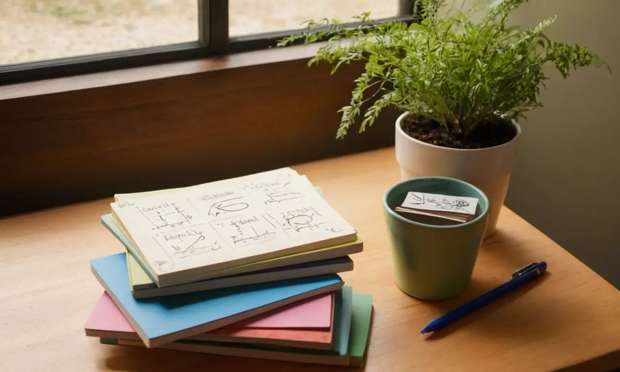 Table en bois, quiz, lumière naturelle, ambiance studieuse