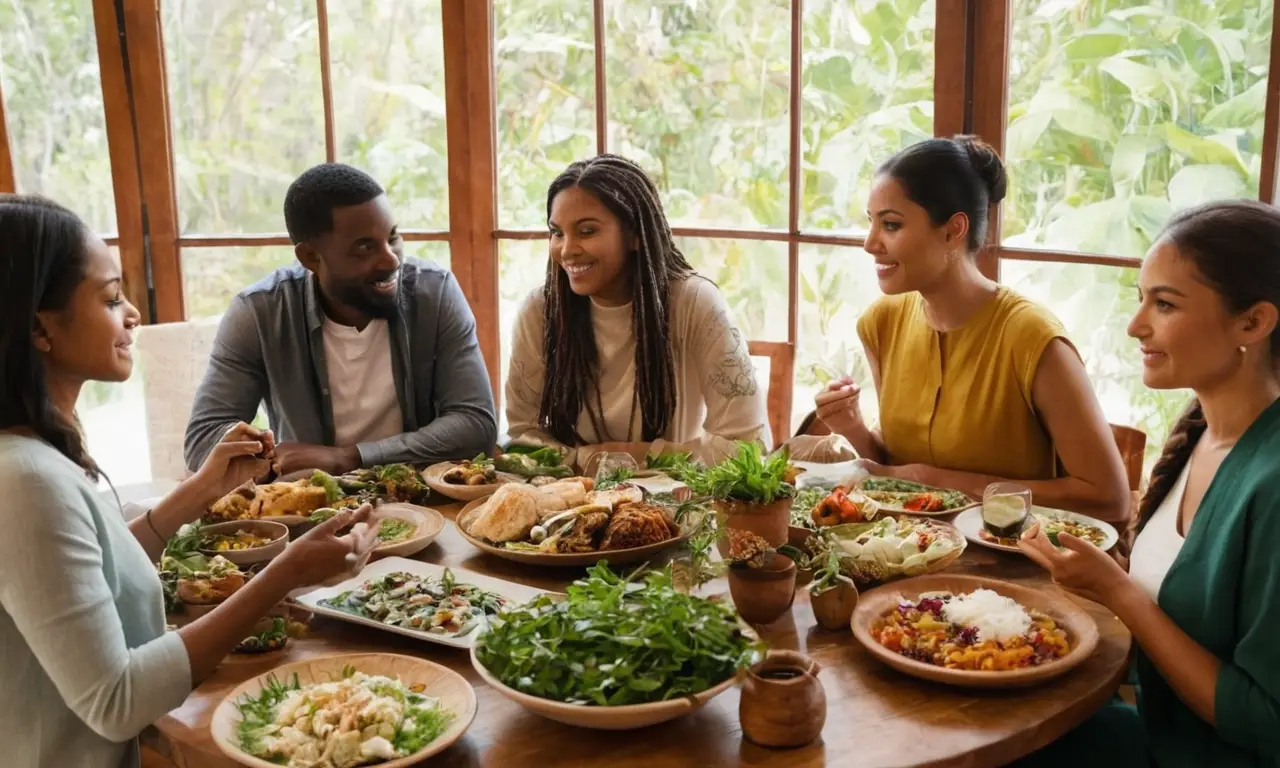 Groupe divers partageant un repas culturel