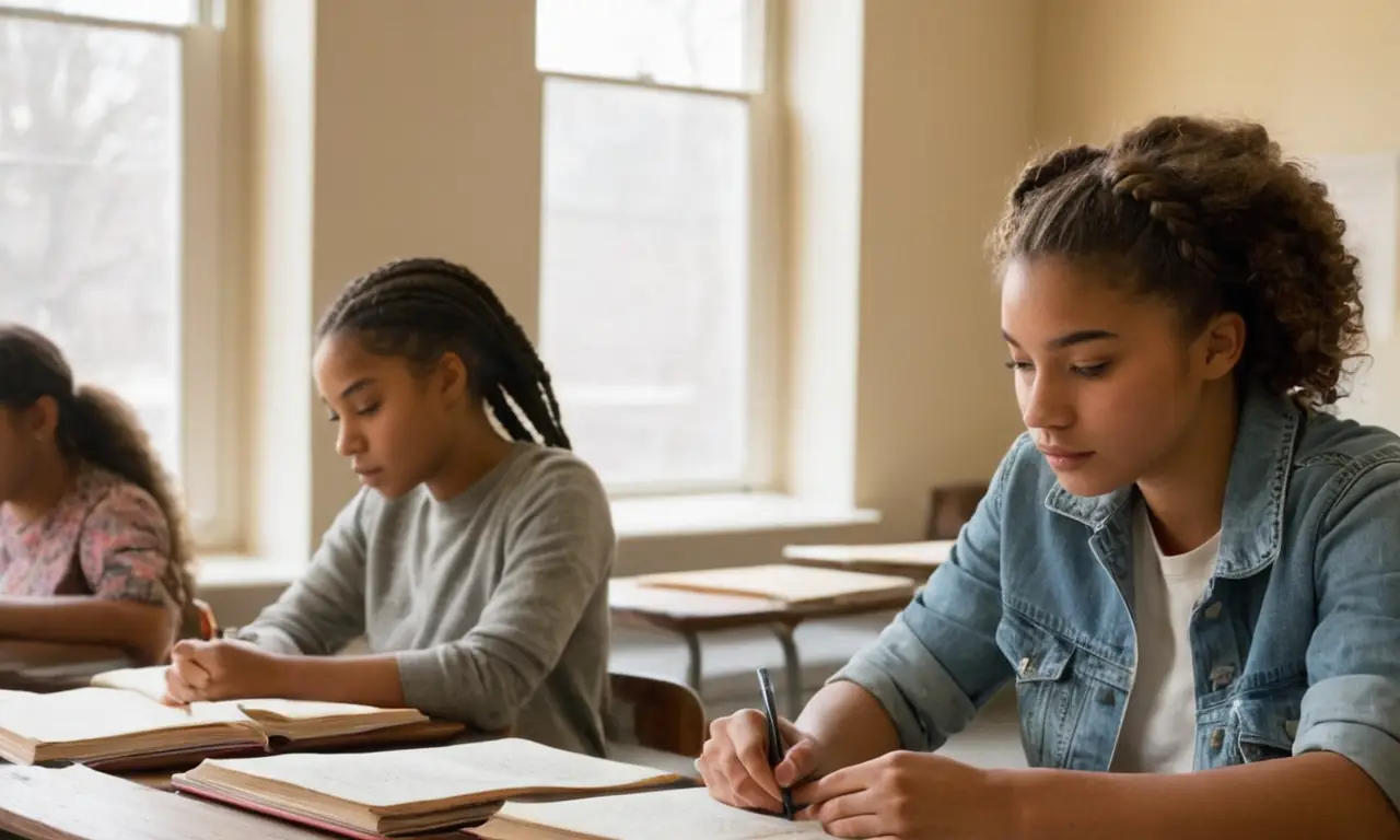 Salle de classe accueillante, élèves concentrés, histoire vivante